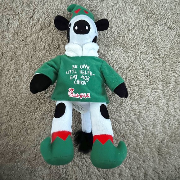 Chick-Fil-A 10" Christmas Cow Elf Green Plush Littl Helpr Eat Mor Chikin' w/ Hat - Picture 1 of 4